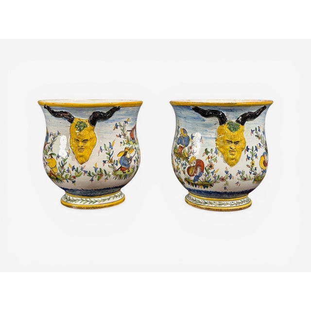 French Modern, Majolica Jardinieres, Ceramic, France, 1870s Rare pair of French faience cachepots (1872–1876) with...