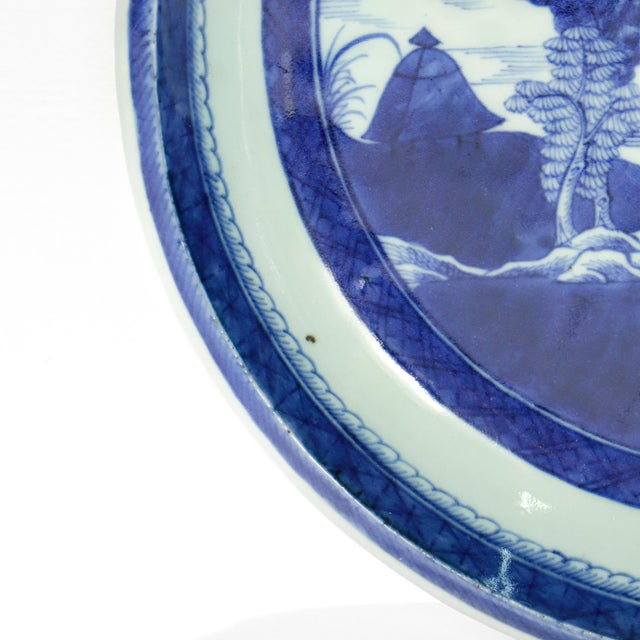 Large Round Antique Blue & White Canton Pattern Chinese Export Porcelain Serving Bowl or Tray For Sale - Image 11 of 16