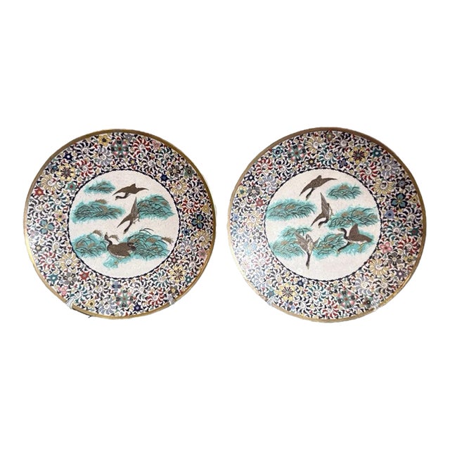 Pair of Japanese Cloisonne Enamel Plates Chargers Ducks Pastel Floral Borders For Sale