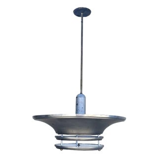 1930s Art Deco Machine Age Spun Aluminum 23" 2 Ring Pendant Light, 2 Available For Sale