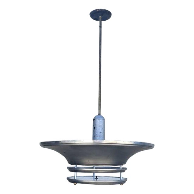 1930s Art Deco Machine Age Spun Aluminum 23" 2 Ring Pendant Light, 2 Available For Sale