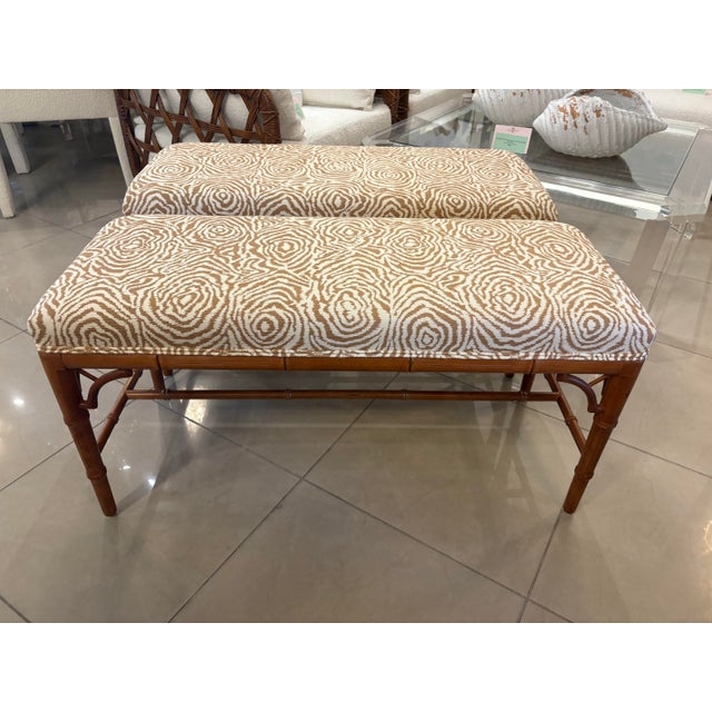 Brown Vintage Faux Bamboo Wood Bench Newly Upholstered Quadrille Fabric For Sale - Image 8 of 11