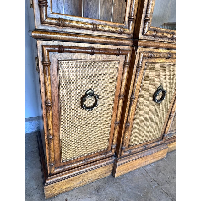 Vintage Coastal Faux Bamboo China Display Curio Cabinet Rattan Wood Glass For Sale - Image 15 of 16