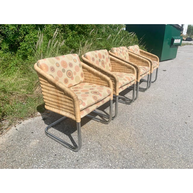 Mid-Century Modern Harvey Probber Style Wicker and Chrome Cantilever Dining Chairs - Set of 4 For Sale - Image 3 of 12