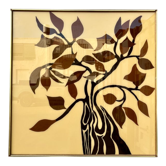 Large Mid Century Modern Framed Botanical Glass Wall Art Circa 1970s. For Sale