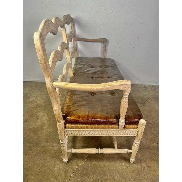 French Provincial Style Bench W/ Rush Seat & Leather Cushion For Sale - Image 16 of 16