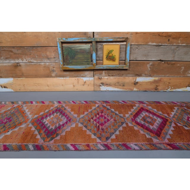 Traditional 1970s Turkish Handmade Orange Diamond Wool Runner Rug For Sale - Image 3 of 9