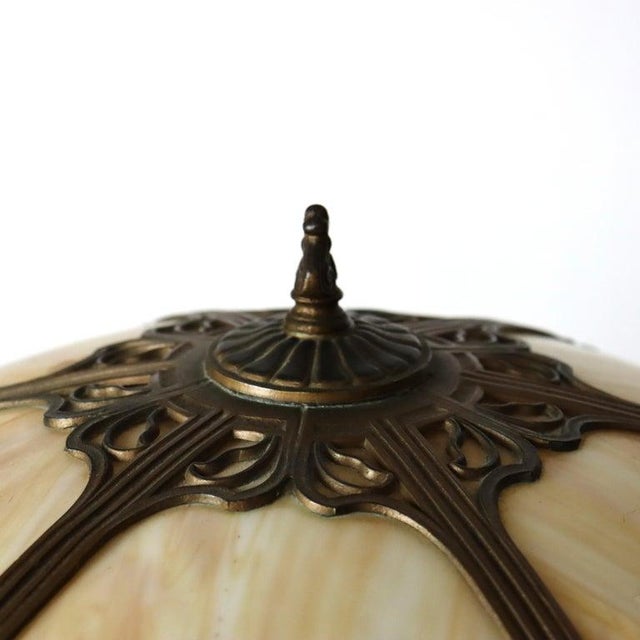 Bradley Hubbard Antique Bradley & Hubbard School Arts & Crafts 6-Panel Slag Glass Lamp C1920 For Sale - Image 4 of 6
