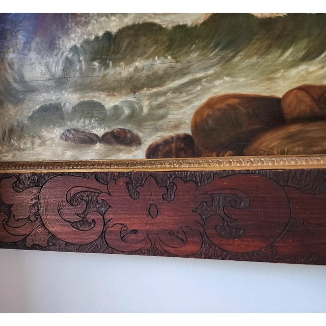 19th Century Dramatic Seascape Painting in Antique Arts & Crafts Pyrography Frame For Sale - Image 10 of 18