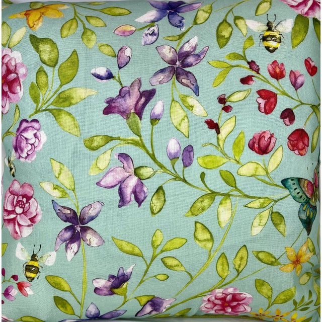 20" Square Decorative Throw Pillow With a Playful Purple and Pink Floral Pattern Dotted With Buzzing Bees And Butterflies...