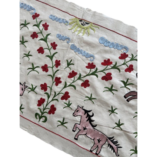 Mid-Century Modern Red Horse Suzani Wall Hanging, Floral Vine For Sale - Image 3 of 5