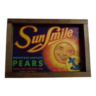 Vintage 1940s Pears Fruit Crate Label Sign in Handmade Frame For Sale