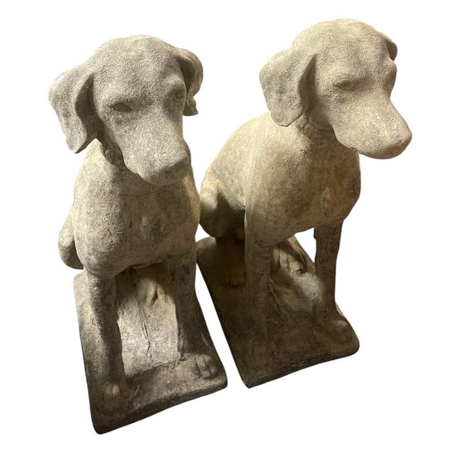 Pair of Vintage Weathered Cast Stone Seated Hound Garden Statues For Sale - Image 4 of 11