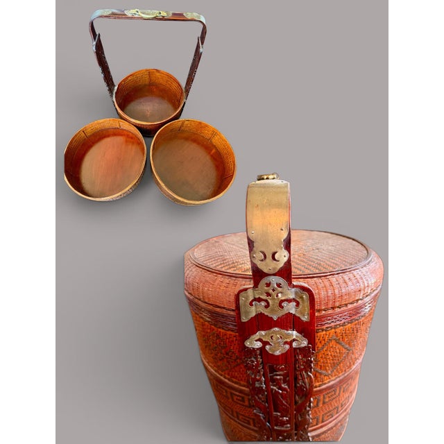 Mid 20th Century Large Chinese Wedding Basket Tiered-Woven Bamboo Rattan-Lacquer-Chinoiserie-Boho For Sale - Image 10 of 11