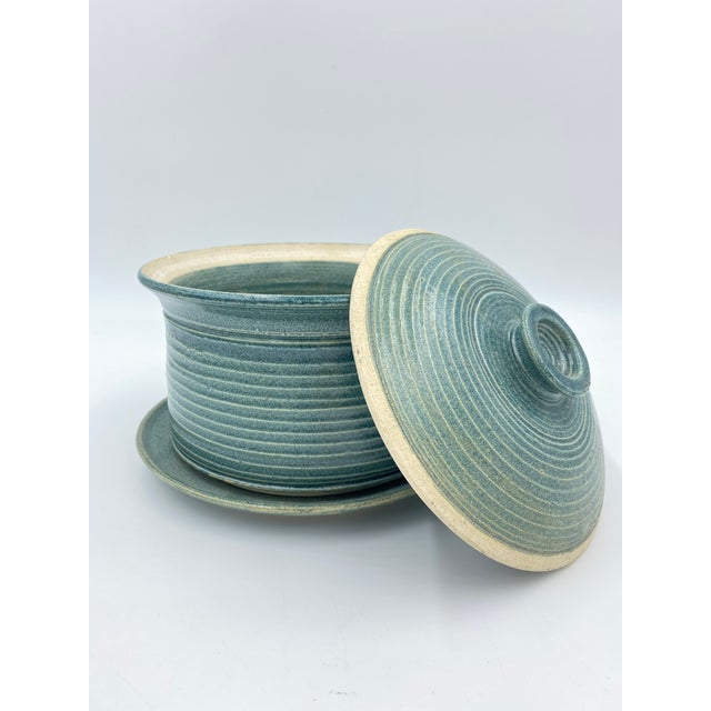 Vintage Studio Pottery Covered Berry Bowl With Lid and Drip Plate, Blue Green Ceramic Colander, Signed Handmade Produce Keeper For Sale - Image 13 of 13