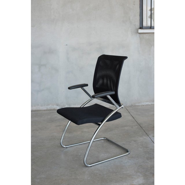 Technical Chromed Steel Desk Armchairs with Black Upholstery, 1980s, Set of 8 For Sale - Image 6 of 17