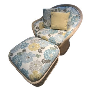 20th Century Upholstered Rattan Club Chair and Ottoman For Sale
