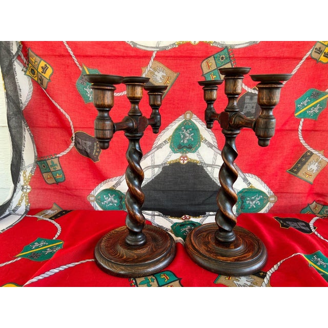 Brown Pair Antique English Oak Barley Twist Candlesticks Candelabras Candle Holders For Sale - Image 8 of 18