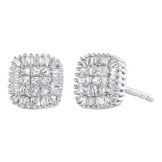 10K White Gold 1/2 Cttw Invisible-Set Princess Cut & Prong-Set Baguette Diamond Composite Stud Earrings (H-I Color, I1-I2 Clarity) For Sale