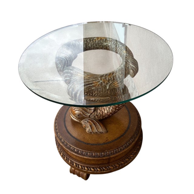 1990s Dolphin Koi Baroque Side End Table Serpent Gold Gilt Pedestal With Drawer For Sale - Image 9 of 18