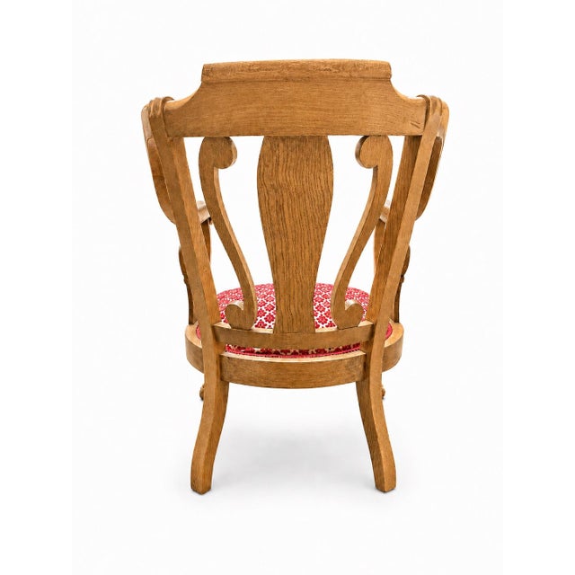 Queen Anne Vintage Queen Anne Solid Oak Occasional Chair With Intricately Carved Ball and Claw Feet For Sale - Image 3 of 12