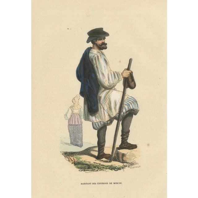 This hand-coloured lithograph portrays a rural inhabitant from the outskirts of Moscow, captured in traditional dress...