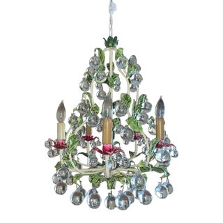 1960s Five Light Hot Pink and Green Leaf and Flower Tole Chandelier With Glass Orbs For Sale