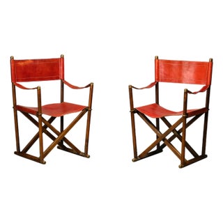 MK-16 Folding Chairs in Oak and Red Leather for Valmazan by Mogens Koch, 1960s, Set of 2 For Sale
