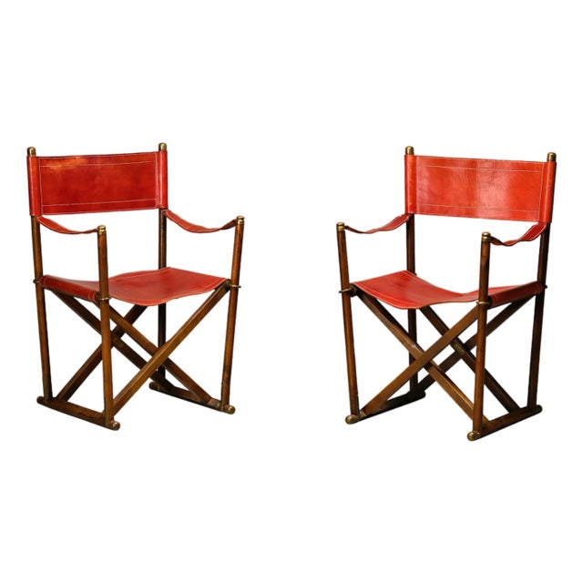 MK-16 Folding Chairs in Oak and Red Leather for Valmazan by Mogens Koch, 1960s, Set of 2 For Sale