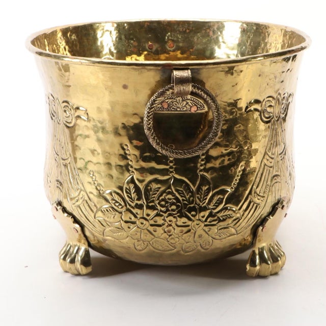 Vintage Brass Plated Ring Handled Claw Foot Repoussé Jardinière Log Holder Planter For Sale - Image 4 of 10
