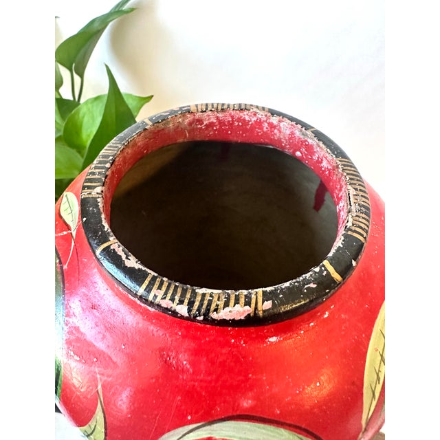 Ceramic 1930s Red Mexican Tonala Hand Painted Vase, Antique Floral Folk Art Pottery For Sale - Image 7 of 11