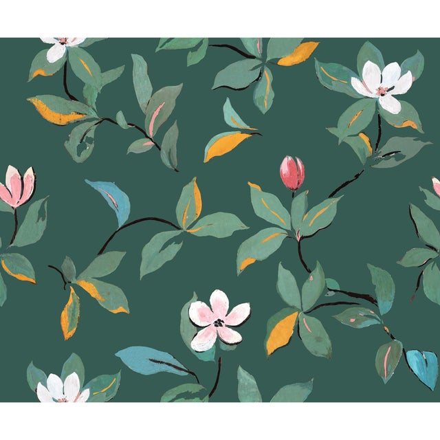 Sample - Magnolias Wallpaper by Paule Marrot in Evergreen For Sale