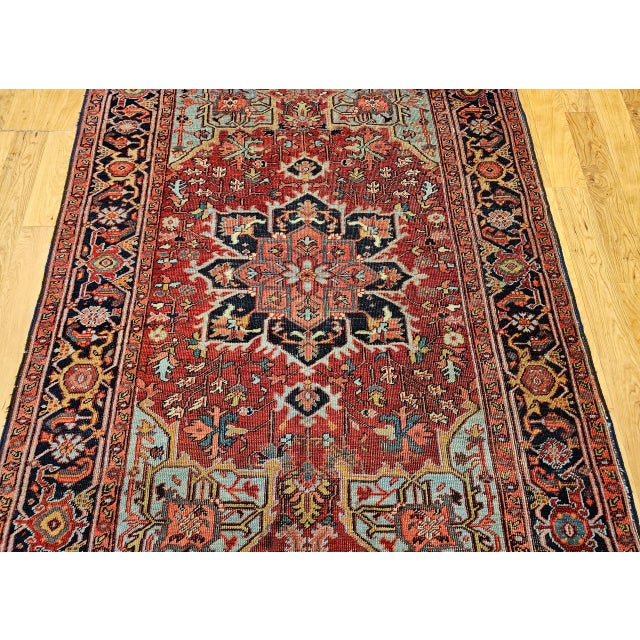 Antique Persian Heriz Serapi Rug, Hand-Knotted Wool, Geometric Pattern, Brick-Red & Blue, 5x7 For Sale - Image 12 of 18