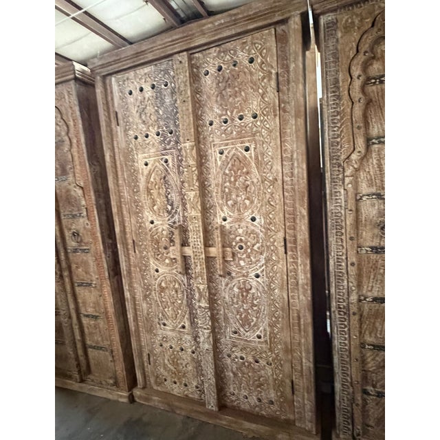 Vintage Whitewashed Carved Wood Armoire – Rustic Library Storage Cabinet For Sale - Image 4 of 7