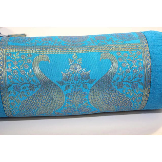 Bolster Pillows Turquoise Blue and Gold Colors with Peacock - A Pair For Sale In Palm Springs - Image 6 of 13