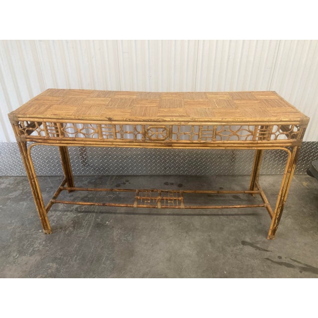 Mid-20th Century Bamboo Chinese Chippendale Fretwork Sofa or Hall Table With Parque Top For Sale - Image 12 of 12