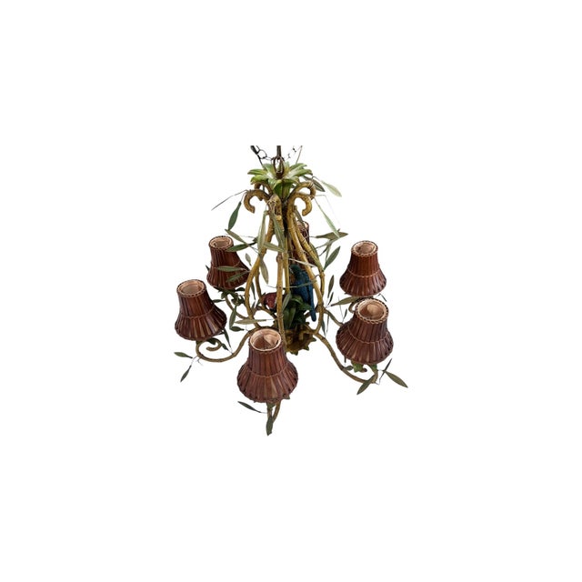 Ornamental & Decorative Materials Vintage Italian Faux Bamboo Tole Chandelier With Parrots For Sale - Image 7 of 7