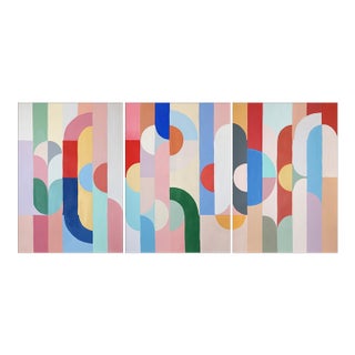 2026, Art Deco Triptych, Original Painting, Vivid Tones Triptych, Geometric Bauhaus Patterns on Watercolor Paper by Natalia Roman For Sale