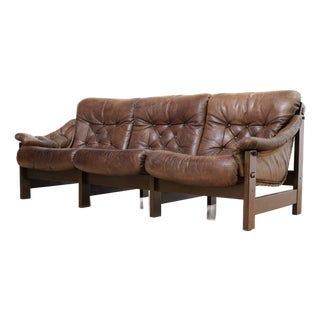 1970s Danish Brown Leather Tufted Sofa For Sale