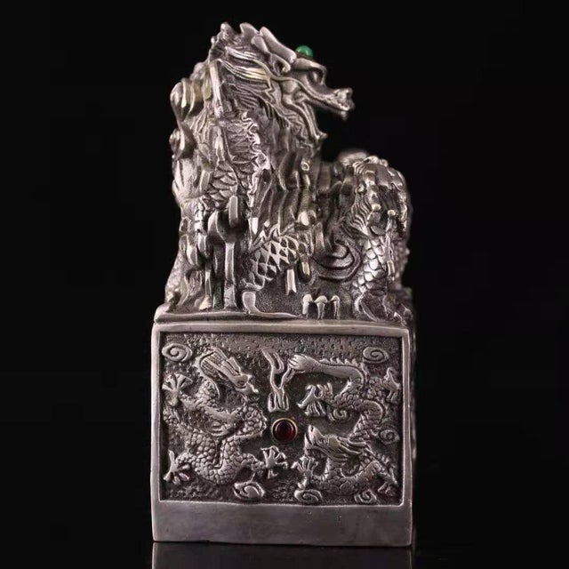 Metal 1960s Large Chinese Dragon Seal Sculpture - Antiqued Metal Desk Statue With Green Stone Inlay For Sale - Image 7 of 9