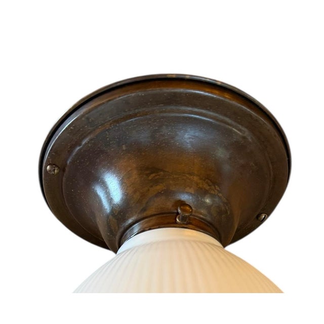 Mid 20th Century Signed Vintage Stiffel Ribbed Milk Glass Flushmount Light Fixture For Sale - Image 5 of 5