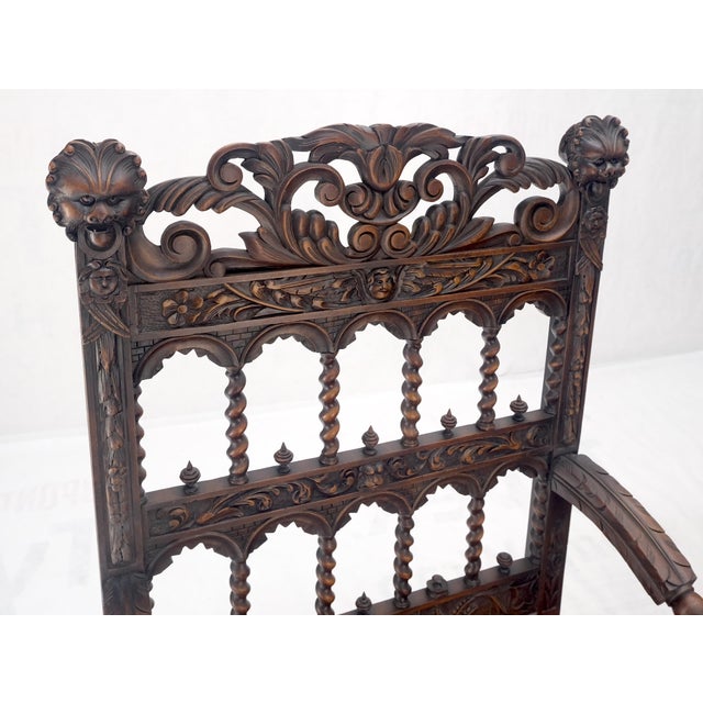 Fine Carved North Winds Faces Heavy Oak Arm Chairs Twisted Spindles c1900s MINT
