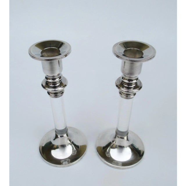 Mid-Century Modern Vintage Karl Springer-Style, Exclusively for Lord & Taylor Silver Plate & Lucite Candle Holders -A Pair For Sale - Image 3 of 13