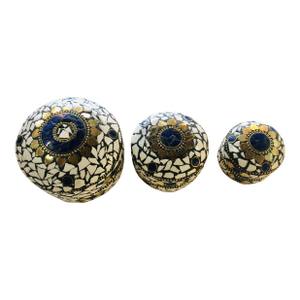 Vintage Handmade Round Shaped Natural Stones Boxes in Cobalt White & Gold, Set of 3