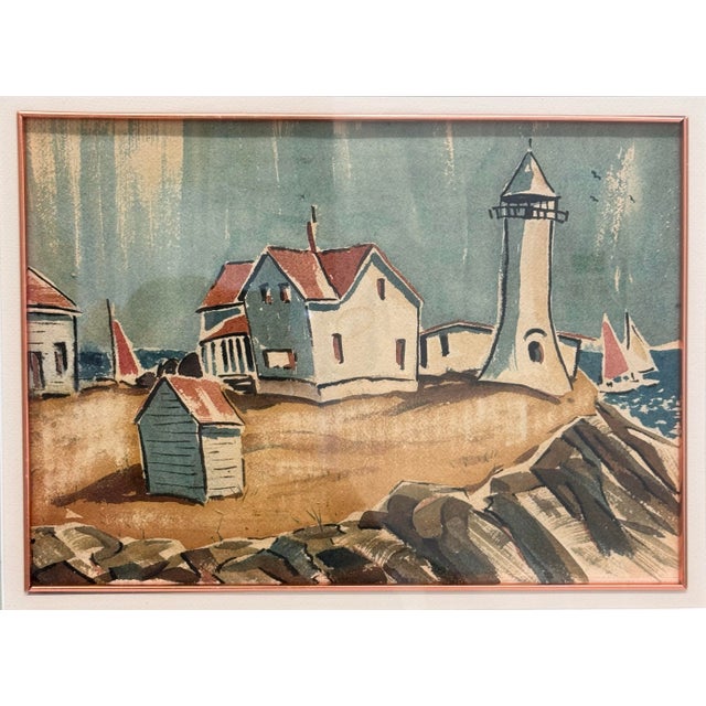 Mid-Century Modern 1970s Watercolor Painting of a Lighthouse Overlooking Sailboats in a Wood Frame For Sale - Image 3 of 10
