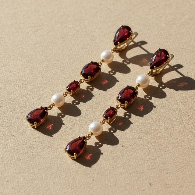 Garnet & Pearl Drop Multi-Shape Earrings, Silver, Gold, Pair For Sale - Image 4 of 10