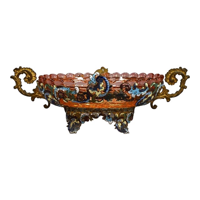 Antique 19th Century French Champlevé Enamel & Gilt Bronze Centerpiece Bowl — Cranberry Glass Insert — Rococo Scrollwork For Sale