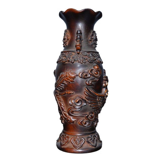 Vintage Chinese Boxwood Carved Vase With Phoenix Motif For Sale