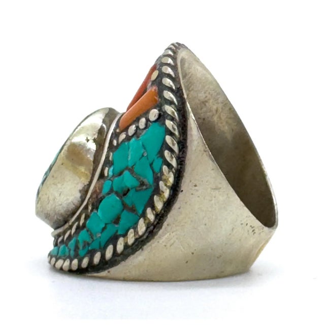 Turquoise Vintage Moroccan Tribal Turquoise & Coral Jewelry Set, Cuff , Ring , Pair of Earrings (4 PCS For Sale - Image 8 of 12
