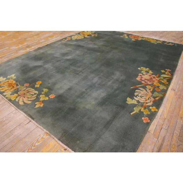 Contemporary 1930s Green Floral Minimalist Antique Chinese Art Deco Carpet 8'10" X 11'7" Knotted Wool Rug For Sale - Image 3 of 11